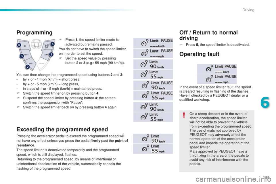 Peugeot 508 2016 Owners Manual - RHD (UK, Australia) 189
F Press 1, t he speed limiter mode is
activated but remains paused.
You do not have to switch the speed limiter
on in order to set the speed.
F
S
et the speed value by pressing
button
2 or Peugeot 508 2016 Owners Manual - RHD (UK, Australia) 189
F Press 1, t he speed limiter mode is
activated but remains paused.
You do not have to switch the speed limiter
on in order to set the speed.
F
S
et the speed value by pressing
button
2 or