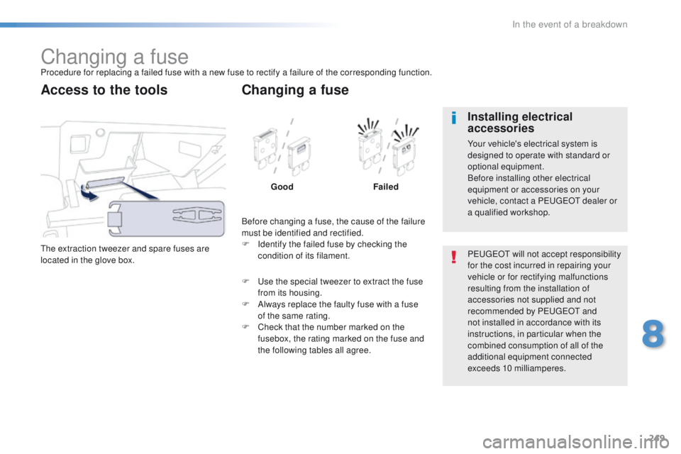 Peugeot 508 2016 Owners Manual - RHD (UK, Australia) 249
Changing a fuseProcedure for replacing a failed fuse with a new fuse to rectify a failure of the corresponding function.
th
e extraction tweezer and spare fuses are
located in the glove box.
Acce Peugeot 508 2016 Owners Manual - RHD (UK, Australia) 249
Changing a fuseProcedure for replacing a failed fuse with a new fuse to rectify a failure of the corresponding function.
th
e extraction tweezer and spare fuses are
located in the glove box.
Acce