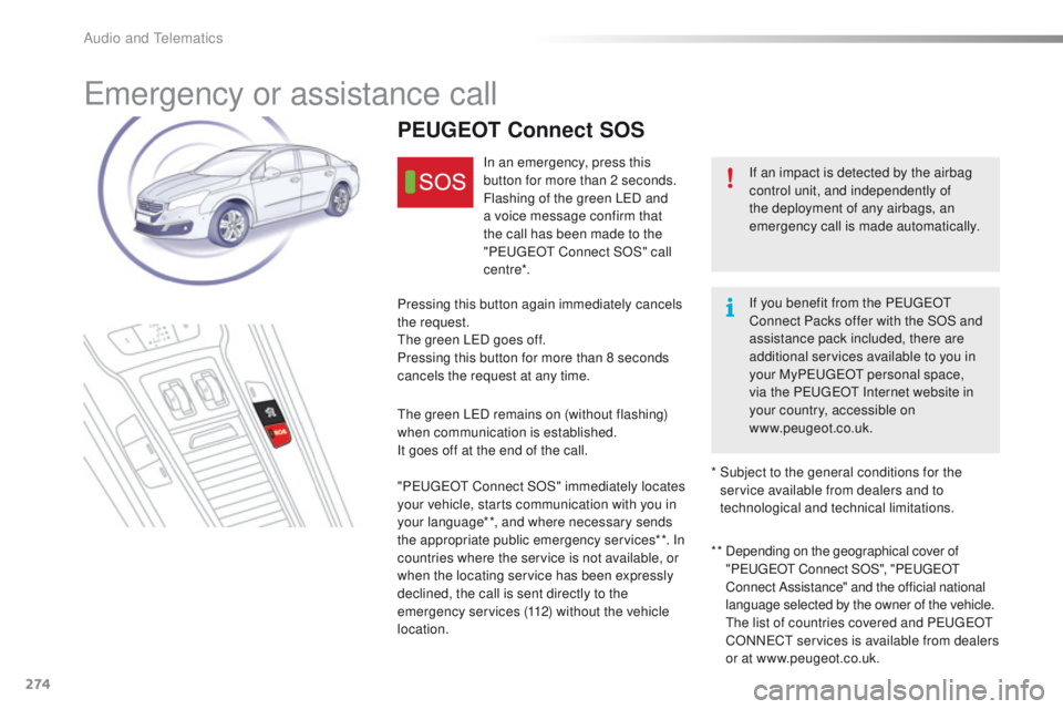 Peugeot 508 2016 Owners Manual - RHD (UK, Australia) 274
emergency or assistance call
If an impact is detected by the airbag
control unit, and independently of
the deployment of any airbags, an
emergency call is made automatically.
PEUGEOT Connect SO Peugeot 508 2016 Owners Manual - RHD (UK, Australia) 274
emergency or assistance call
If an impact is detected by the airbag
control unit, and independently of
the deployment of any airbags, an
emergency call is made automatically.
PEUGEOT Connect SO