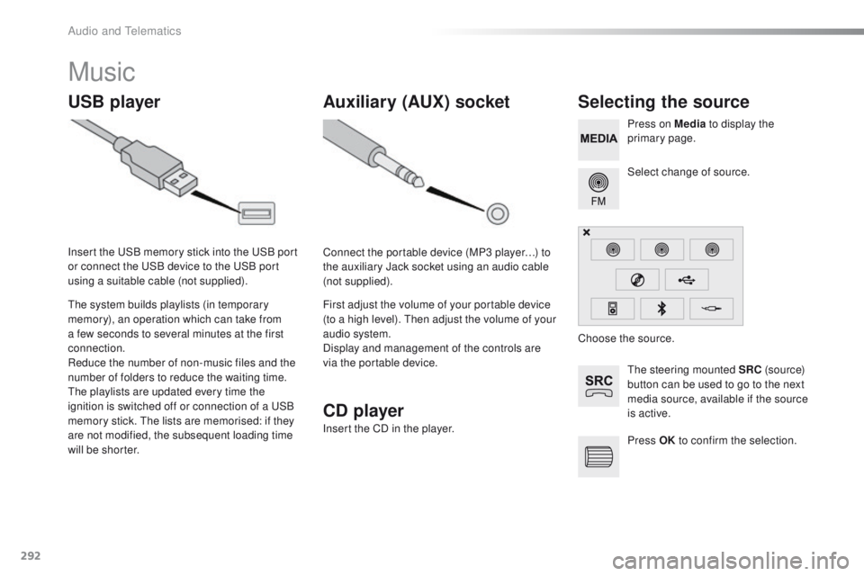 Peugeot 508 2016 Owners Manual - RHD (UK, Australia) 292
Music
USB playerSelecting the source
the steering mounted SRC (s o u r c e)
button can be used to go to the next
media source, available if the source
is active. Select change of source. Press Peugeot 508 2016 Owners Manual - RHD (UK, Australia) 292
Music
USB playerSelecting the source
the steering mounted SRC (s o u r c e)
button can be used to go to the next
media source, available if the source
is active. Select change of source. Press