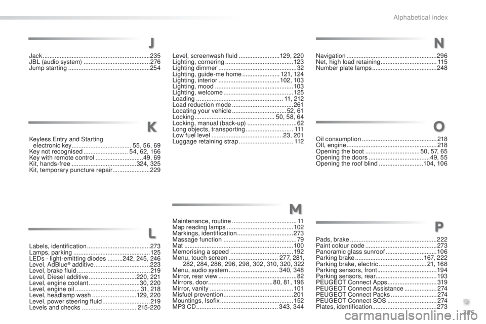 Peugeot 508 2016 Owners Manual - RHD (UK, Australia) 355
Keyless entry and Starting
electronic key ................................... 55, 56, 69
Key not recognised
..........................54, 62, 166
Key with remote control
................... Peugeot 508 2016 Owners Manual - RHD (UK, Australia) 355
Keyless entry and Starting
electronic key ................................... 55, 56, 69
Key not recognised
..........................54, 62, 166
Key with remote control
...................