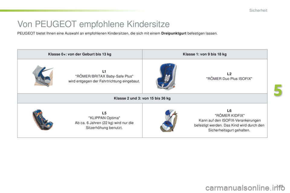 Peugeot 508 2016  Betriebsanleitung (in German) 149
508_de_Chap05_securite_ed01-2016
Von PeugeOt empfohlene Kindersitze
Klasse 0+: von der Gebur t bis 13 kg K lasse 1: von 9   bis 18   kg
L1
 "

RÖM
eR
 /BRI
tA
 X Baby-Safe Plus" 
wird ent