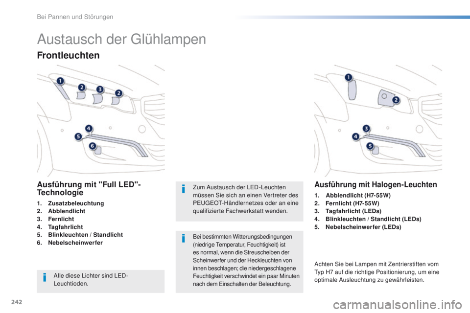 Peugeot 508 2016 Betriebsanleitung (in German) 242
508_de_Chap08_en-cas-de-pannes_ed01-2016
Austausch der glühlampen
Frontleuchten
Ausführung mit "Full LED"-
Technologie
1. Zusatzbeleuchtung
2. A
bblendlicht
3.
F
ernlicht
4.
T
agfahr Peugeot 508 2016 Betriebsanleitung (in German) 242
508_de_Chap08_en-cas-de-pannes_ed01-2016
Austausch der glühlampen
Frontleuchten
Ausführung mit "Full LED"-
Technologie
1. Zusatzbeleuchtung
2. A
bblendlicht
3.
F
ernlicht
4.
T
agfahr