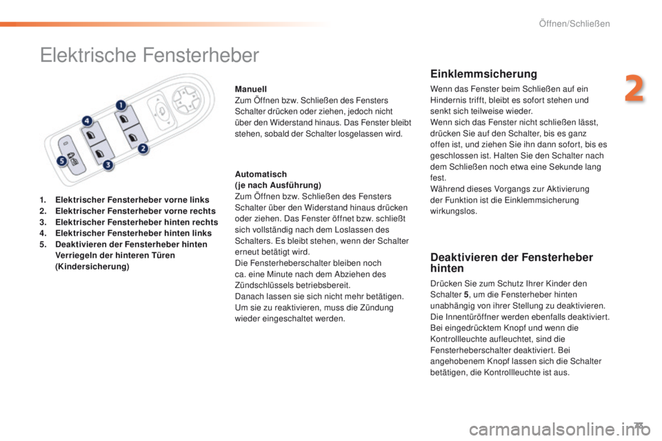 Peugeot 508 2016 Betriebsanleitung (in German) 73
508_de_Chap02_ouvertures_ed01-2016
elektrische Fensterheber
1. Elektrischer Fensterheber vorne links
2. E lektrischer Fensterheber vorne rechts
3.
E
lektrischer Fensterheber hinten rechts
4.
E
Peugeot 508 2016 Betriebsanleitung (in German) 73
508_de_Chap02_ouvertures_ed01-2016
elektrische Fensterheber
1. Elektrischer Fensterheber vorne links
2. E lektrischer Fensterheber vorne rechts
3.
E
lektrischer Fensterheber hinten rechts
4.
E