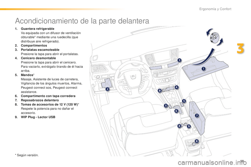 Peugeot 508 2016  Manual del propietario (in Spanish) 99
508_es_Chap03_ergonomie-et-confort_ed01-2016
Acondicionamiento de la parte delantera
1. Guantera refrigerable  Va e
quipada con un difusor de ventilación 
obturable* mediante una ruedecilla (que 
