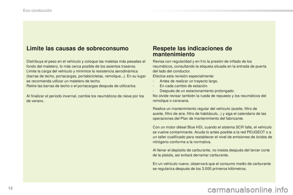 Peugeot 508 2016 Manual del propietario (in Spanish) 12
508_es_Chap00c_eco-conduite_ed01-2016
Limite las causas de sobreconsumo
Distribuya el peso en el vehículo y coloque las maletas más pesadas al
fondo del maletero, lo más cerca posible de los as Peugeot 508 2016 Manual del propietario (in Spanish) 12
508_es_Chap00c_eco-conduite_ed01-2016
Limite las causas de sobreconsumo
Distribuya el peso en el vehículo y coloque las maletas más pesadas al
fondo del maletero, lo más cerca posible de los as