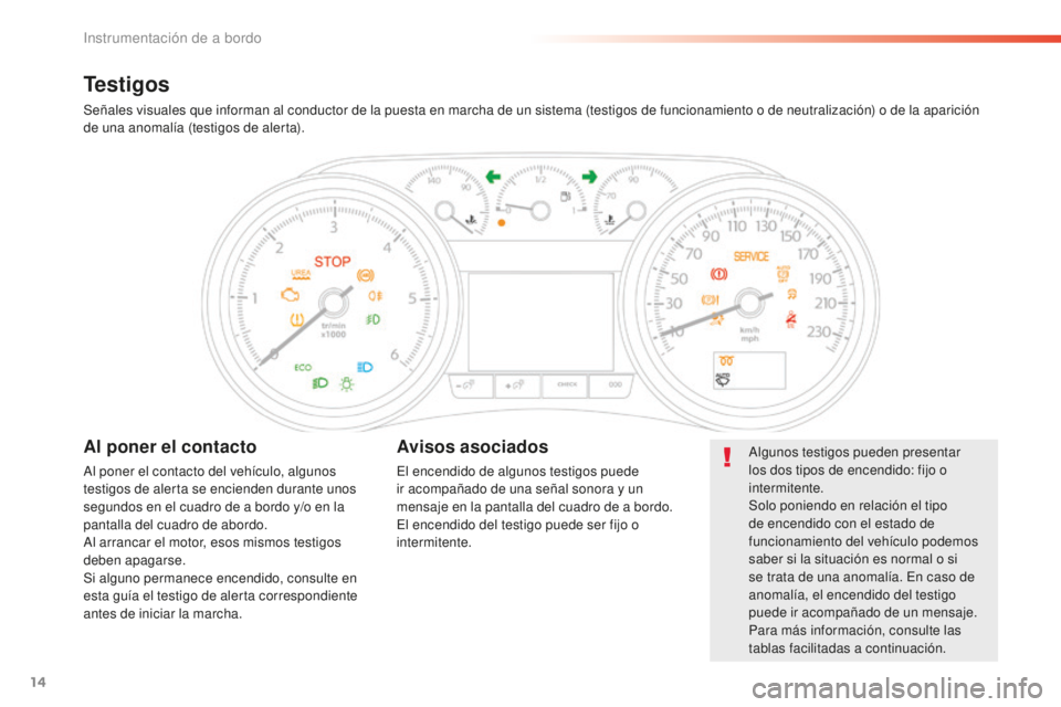 Peugeot 508 2016 Manual del propietario (in Spanish) 14
508_es_Chap01_instrument-bord_ed01-2016
Testigos
Señales visuales que informan al conductor de la puesta en marcha de un sistema (testigos de funcionamiento o de neutralización) o de la aparició Peugeot 508 2016 Manual del propietario (in Spanish) 14
508_es_Chap01_instrument-bord_ed01-2016
Testigos
Señales visuales que informan al conductor de la puesta en marcha de un sistema (testigos de funcionamiento o de neutralización) o de la aparició