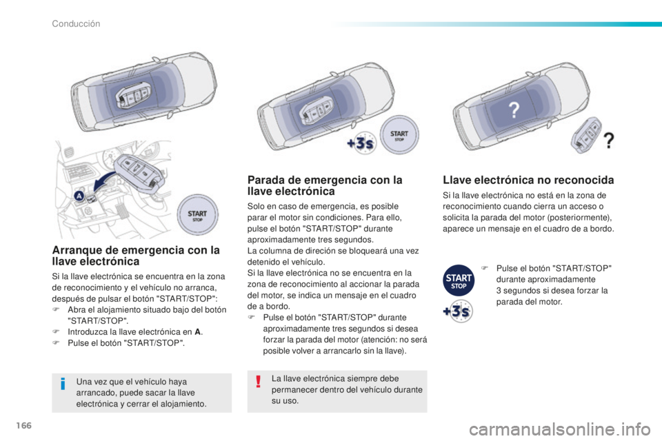 Peugeot 508 2016 Manual del propietario (in Spanish) 166
508_es_Chap06_conduite_ed01-2016
Arranque de emergencia con la
llave electrónica
Si la llave electrónica se encuentra en la zona
de reconocimiento y el vehículo no arranca,
después de pulsa Peugeot 508 2016 Manual del propietario (in Spanish) 166
508_es_Chap06_conduite_ed01-2016
Arranque de emergencia con la
llave electrónica
Si la llave electrónica se encuentra en la zona
de reconocimiento y el vehículo no arranca,
después de pulsa
