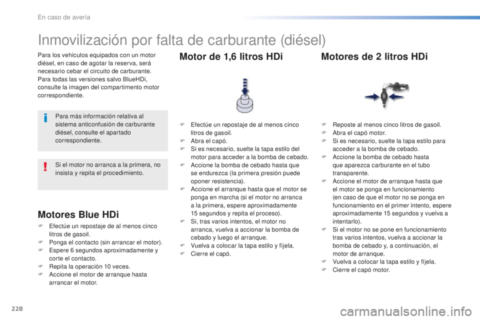 Peugeot 508 2016 Manual del propietario (in Spanish) 228
508_es_Chap08_en-cas-de-pannes_ed01-2016
Para los vehículos equipados con un motor
diésel, en caso de agotar la reserva, será
necesario cebar el circuito de carburante.
Para todas las version Peugeot 508 2016 Manual del propietario (in Spanish) 228
508_es_Chap08_en-cas-de-pannes_ed01-2016
Para los vehículos equipados con un motor
diésel, en caso de agotar la reserva, será
necesario cebar el circuito de carburante.
Para todas las version