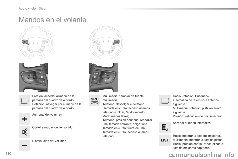 Peugeot 508 2016  Manual del propietario (in Spanish) 280
508_es_Chap10c_SMEGplus_ed01-2016
Mandos en el volante
Presión: acceder al menú de la 
pantalla del cuadro de a bordo.
Rotación: navegar por el menú de la 
pantalla del cuadro de a bordo.
Aume