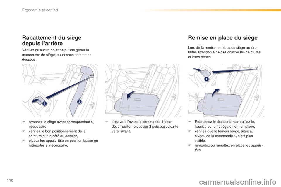 Peugeot 508 2016  Manuel du propriétaire (in French) 110
Rabattement du siège 
depuis l'arrière
Vérifiez qu'aucun objet ne puisse gêner la 
manoeuvre de siège, au-dessus comme en 
dessous.
Remise en place du siège
Lors de la remise en plac