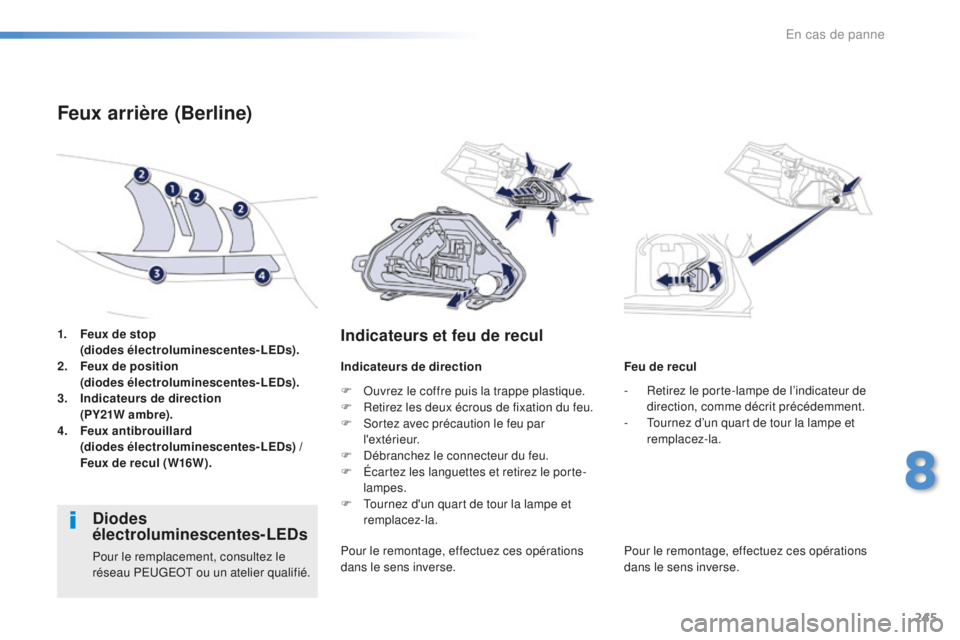 Peugeot 508 2016 Manuel du propriétaire (in French) 245
1. Feux de stop (diodes électroluminescentes-LEDs).
2.
F
eux de position
(
diodes électroluminescentes-LEDs).
3.
I
ndicateurs de direction
(
PY21W ambre).
4.
F
eux antibrouillard
(
d Peugeot 508 2016 Manuel du propriétaire (in French) 245
1. Feux de stop (diodes électroluminescentes-LEDs).
2.
F
eux de position
(
diodes électroluminescentes-LEDs).
3.
I
ndicateurs de direction
(
PY21W ambre).
4.
F
eux antibrouillard
(
d