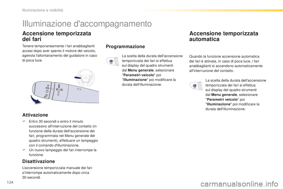 Peugeot 508 2016 Manuale del proprietario (in Italian) 124
508_it_Chap04_eclairage-et-visibilite_ed01-2016
Tenere temporaneamente i fari anabbaglianti
accesi dopo aver spento il motore del veicolo,
agevola l'allontanamento del guidatore in caso
di Peugeot 508 2016 Manuale del proprietario (in Italian) 124
508_it_Chap04_eclairage-et-visibilite_ed01-2016
Tenere temporaneamente i fari anabbaglianti
accesi dopo aver spento il motore del veicolo,
agevola l'allontanamento del guidatore in caso
di