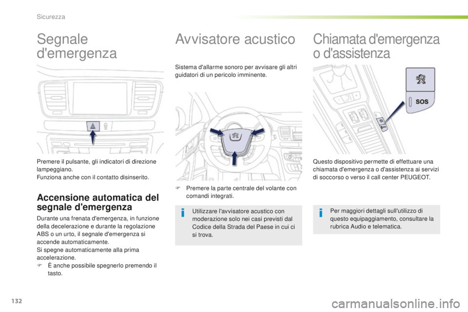 Peugeot 508 2016 Manuale del proprietario (in Italian) 132
508_it_Chap05_securite_ed01-2016
Segnale
d'emergenza
Premere il pulsante, gli indicatori di direzione
lampeggiano.
Funziona anche con il contatto disinserito.
accensione automatica del
s eg Peugeot 508 2016 Manuale del proprietario (in Italian) 132
508_it_Chap05_securite_ed01-2016
Segnale
d'emergenza
Premere il pulsante, gli indicatori di direzione
lampeggiano.
Funziona anche con il contatto disinserito.
accensione automatica del
s eg