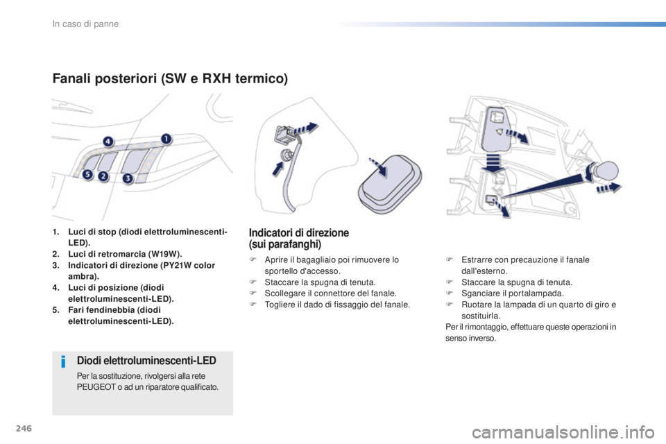 Peugeot 508 2016  Manuale del proprietario (in Italian) 246
508_it_Chap08_en-cas-de-pannes_ed01-2016
1. Luci di stop (diodi elettroluminescenti-
Led).
2. Luci

 di retromarcia (W19W).
3.
  indic

atori di direzione (PY21W color 
ambra).
4.
 Luci

 di posiz