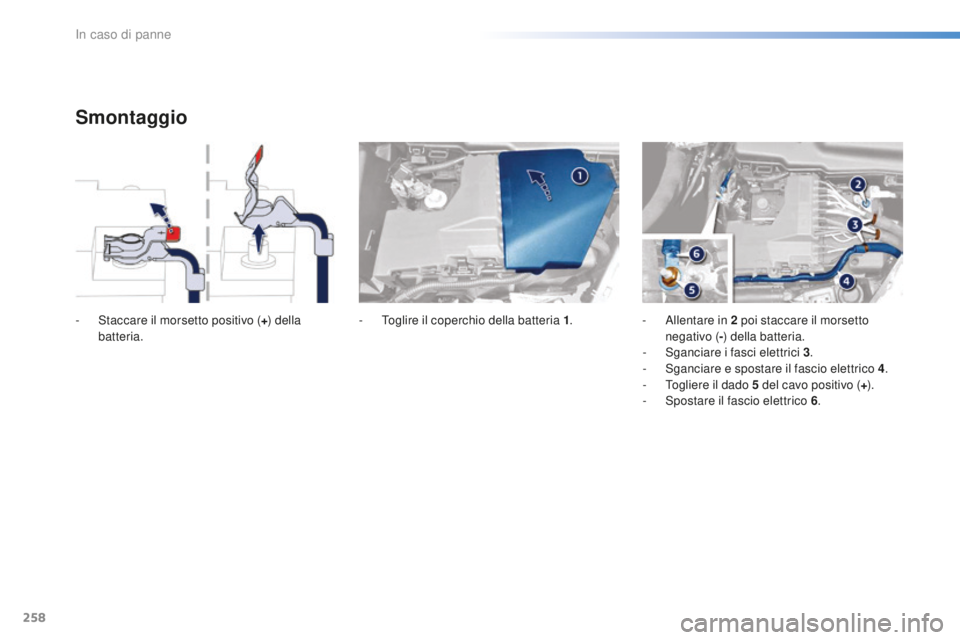 Peugeot 508 2016  Manuale del proprietario (in Italian) 258
508_it_Chap08_en-cas-de-pannes_ed01-2016
Smontaggio
- Staccare il morsetto positivo (+) d ella 
batteria. - To
glire il coperchio della batteria 1.- Al lentare in 2 p oi staccare il morsetto 
nega