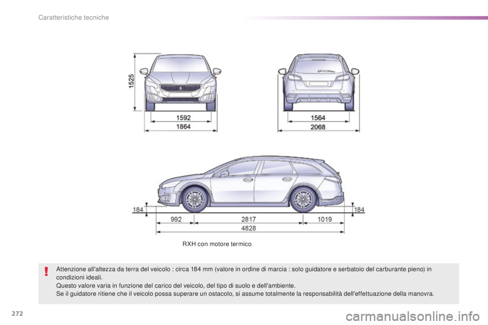 Peugeot 508 2016  Manuale del proprietario (in Italian) 272
508_it_Chap09_caracteristiques-techniques_ed01-2016
R XH con motore termico
Attenzione all'altezza da terra del veicolo : circa 184
 m
 m (valore in ordine di marcia : solo guidatore e serbato