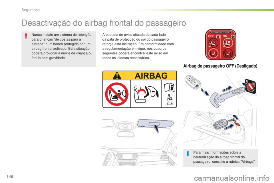 Peugeot 508 2016  Manual do proprietário (in Portuguese) 146
508_pt_Chap05_securite_ed01-2016
Desactivação do airbag frontal do passageiro
Para mais informações sobre a 
neutralização do airbag frontal do 
passageiro, consulte a rubrica "Airbags&#