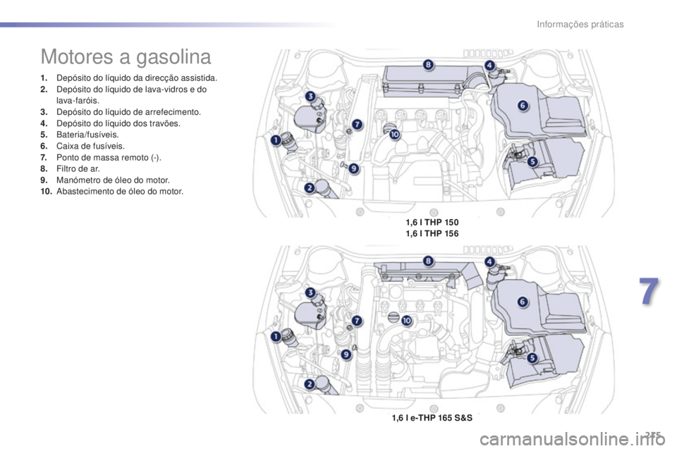 Peugeot 508 2016  Manual do proprietário (in Portuguese) 215
508_pt_Chap07_info-pratiques_ed01-2016
508_pt_Chap07_info-pratiques_ed01-2016
1. Depósito do líquido da direcção assistida.
2. Depósito do líquido de lava-vidros e do 
lava-faróis.
3.
 D

e