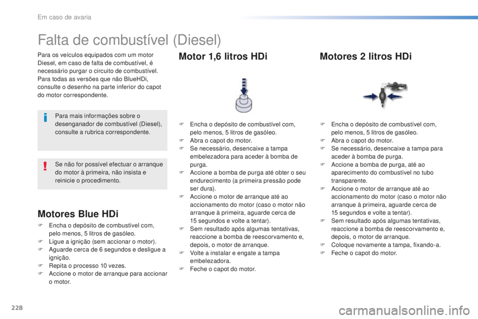 Peugeot 508 2016 Manual do proprietário (in Portuguese) 228
508_pt_Chap08_en-cas-de-pannes_ed01-2016
Para os veículos equipados com um motor
Diesel, em caso de falta de combustível, é
necessário purgar o circuito de combustível.
Para todas as versõ Peugeot 508 2016 Manual do proprietário (in Portuguese) 228
508_pt_Chap08_en-cas-de-pannes_ed01-2016
Para os veículos equipados com um motor
Diesel, em caso de falta de combustível, é
necessário purgar o circuito de combustível.
Para todas as versõ