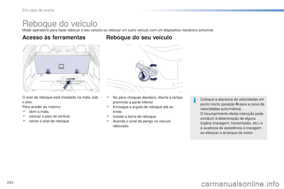 Peugeot 508 2016  Manual do proprietário (in Portuguese) 262
508_pt_Chap08_en-cas-de-pannes_ed01-2016
Reboque do veículoModo operatório para fazer rebocar o seu veículo ou rebocar um outro veículo com um dispositivo mecânico amovível.
Reboque do seu v