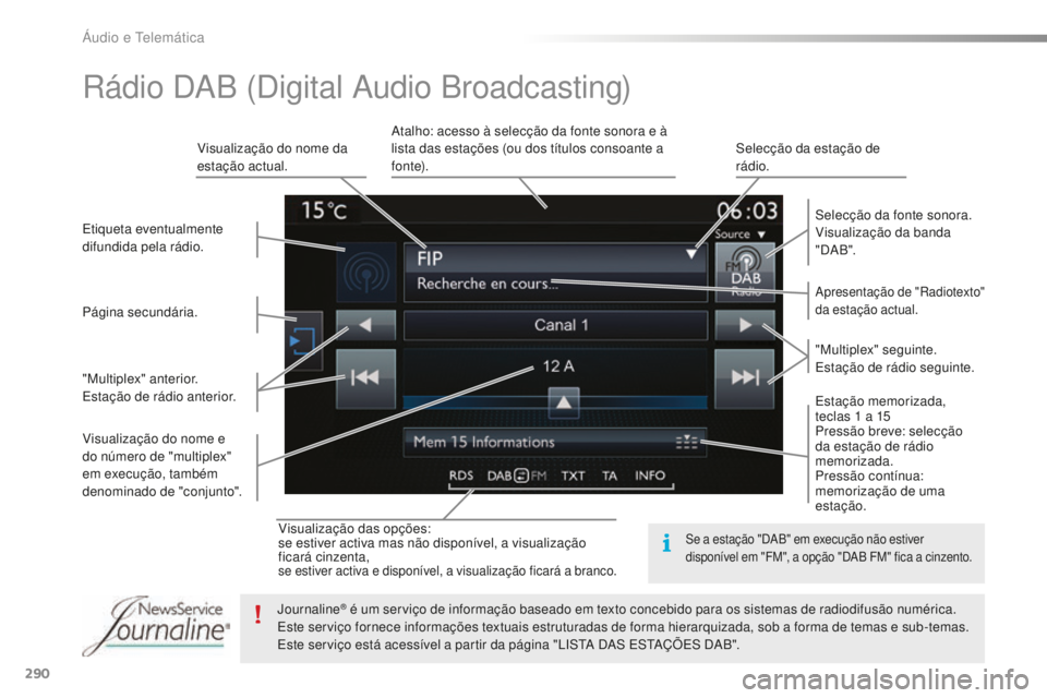 Peugeot 508 2016 Manual do proprietário (in Portuguese) 290
508_pt_Chap10c_SMEGplus_ed01-2016
Visualização das opções:
se estiver activa mas não disponível, a visualização
ficará cinzenta,
se estiver activa e disponível, a visualização ficará Peugeot 508 2016 Manual do proprietário (in Portuguese) 290
508_pt_Chap10c_SMEGplus_ed01-2016
Visualização das opções:
se estiver activa mas não disponível, a visualização
ficará cinzenta,
se estiver activa e disponível, a visualização ficará