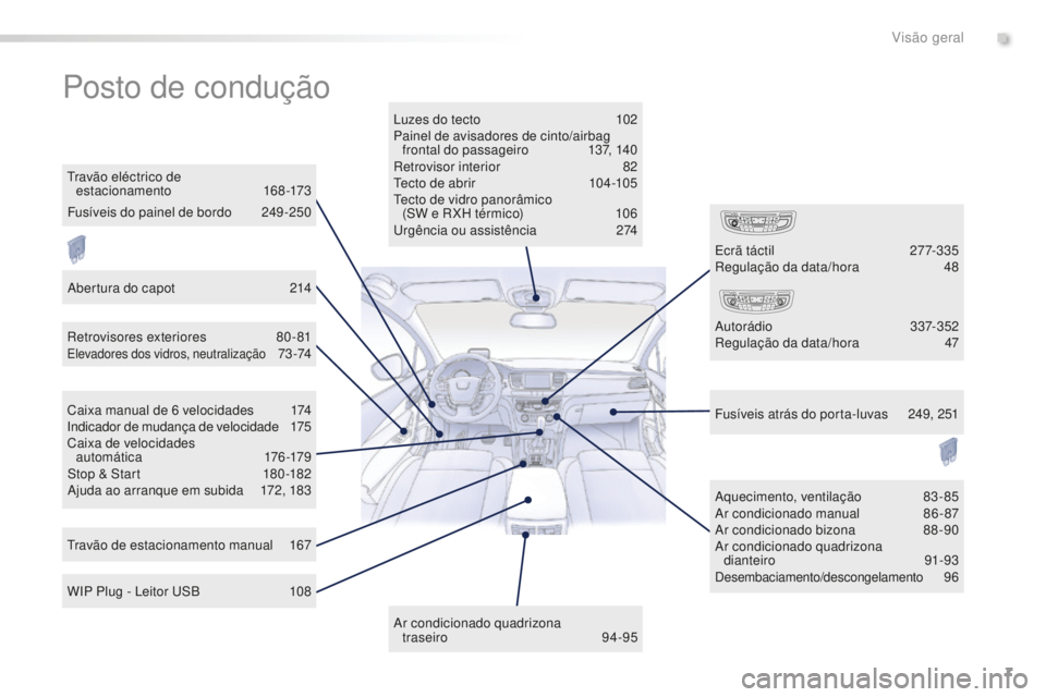 Peugeot 508 2016 Manual do proprietário (in Portuguese) 7
508_pt_Chap00b_vue-ensemble_ed01-2016
Posto de condução
Luzes do tecto 102
Painel de avisadores de cinto/airbag frontal do passageiro
1
37, 140
Retrovisor interior
8
2
Tecto de abrir
1
0 Peugeot 508 2016 Manual do proprietário (in Portuguese) 7
508_pt_Chap00b_vue-ensemble_ed01-2016
Posto de condução
Luzes do tecto 102
Painel de avisadores de cinto/airbag frontal do passageiro
1
37, 140
Retrovisor interior
8
2
Tecto de abrir
1
0