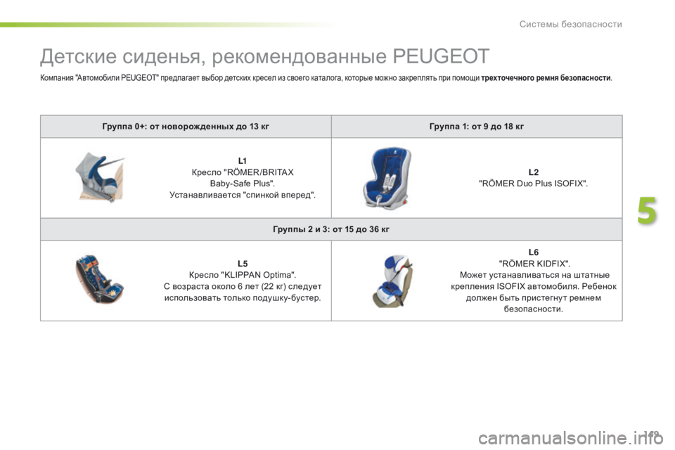 Peugeot 508 2016  Инструкция по эксплуатации (in Russian) 149
508_ru_Chap05_securite_ed01-2016
Детские сиденья, рекомендованные PEUGEOT
Группа 0+: от новорож денных до 13 кгГруппа 1: от 9 до 18 