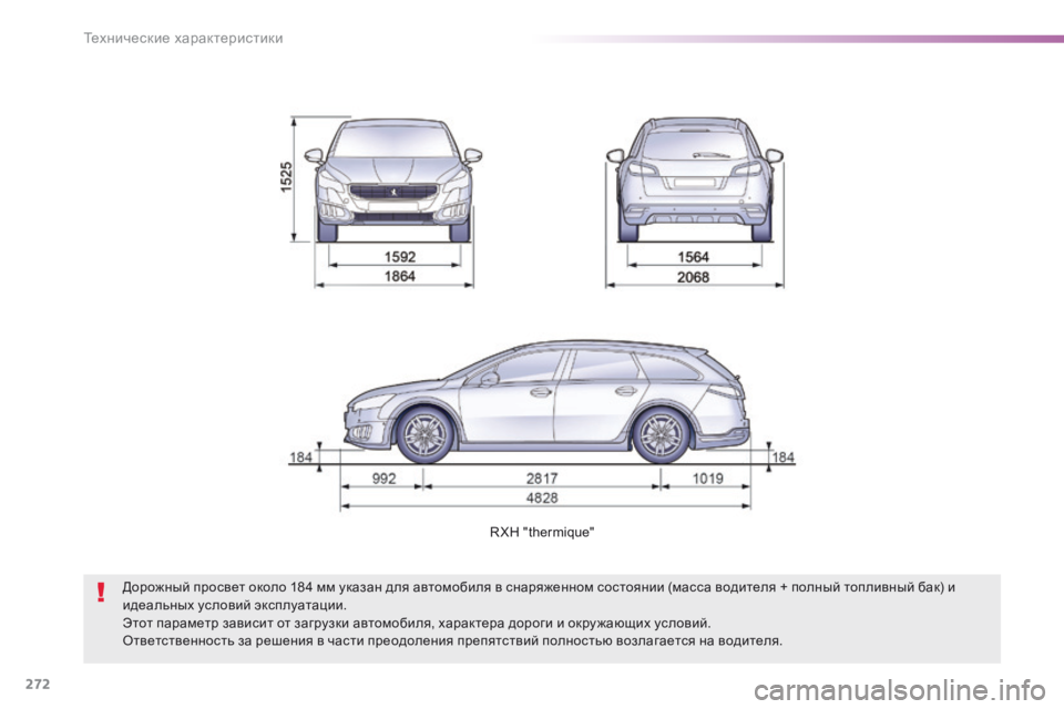 Peugeot 508 2016  Инструкция по эксплуатации (in Russian) 272
508_ru_Chap09_caracteristiques-techniques_ed01-2016
R XH "thermique"
Дорожный просвет около 184 мм указан для автомобиля в снаряженном 
