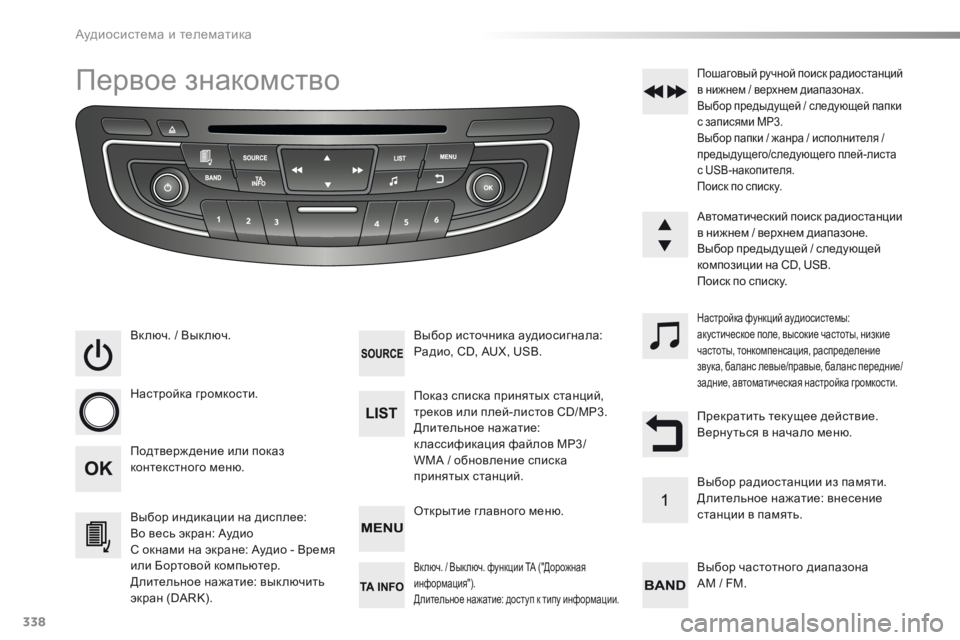 Peugeot 508 2016 Инструкция по эксплуатации (in Russian) 338
508_ru_Chap10d_RD5_ed01-2016
Первое знакомство
Вк люч. / Вык люч.
Н астройка громкости.
Выбор индикации на дисплее:
Во вес Peugeot 508 2016 Инструкция по эксплуатации (in Russian) 338
508_ru_Chap10d_RD5_ed01-2016
Первое знакомство
Вк люч. / Вык люч.
Н астройка громкости.
Выбор индикации на дисплее:
Во вес