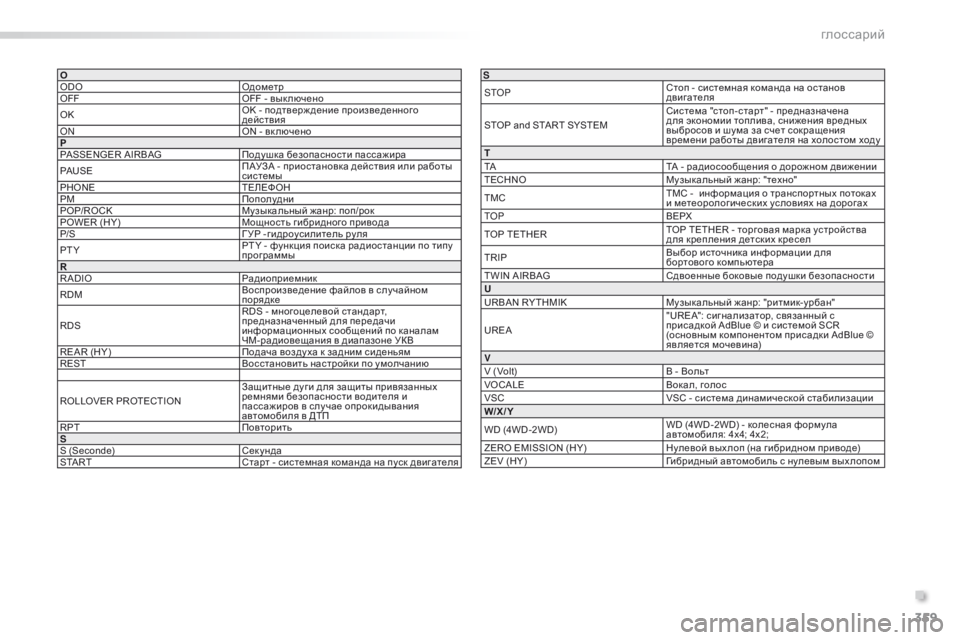Peugeot 508 2016  Инструкция по эксплуатации (in Russian) 359
508_ru_Chap11_index-alpha_ed01-2016
глоссарий
O
ODOОдометр
OFF OFF - вык лючено
OK OK - подтверж дение произведенного 
действия
o

N ON 