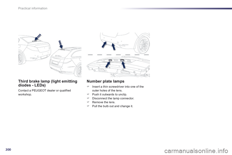 Peugeot 508 2014  Owners Manual - RHD (UK, Australia) 200
Practical information
Third brake lamp (light emitting diodes - LEDs) 
 Contact a PEUGEOT dealer or qualified workshop.   
Number plate lamps 
   Insert a thin screwdriver into one of the outer