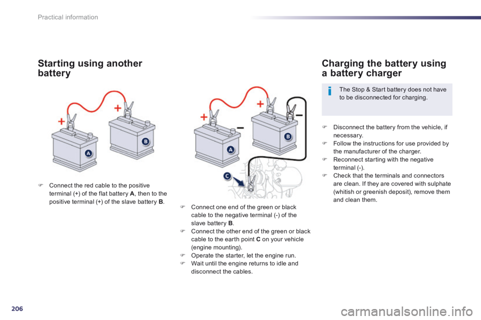 Peugeot 508 2014  Owners Manual - RHD (UK, Australia) 206
Practical information
   Connect the red cable to the positive terminal (+) of the flat battery  A , then to the positive terminal (+) of the slave battery  B . 
  Starting  using  another 
bat