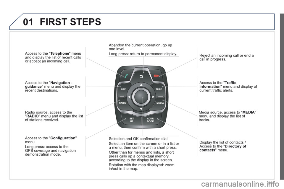 Peugeot 508 2014  Owners Manual - RHD (UK, Australia) 255
01
  Access to the " Telephone "  menu and display the list of recent calls or accept an incoming call.   
  Access to the " Navigation - guidance " menu and display the recent  destinations.  
  