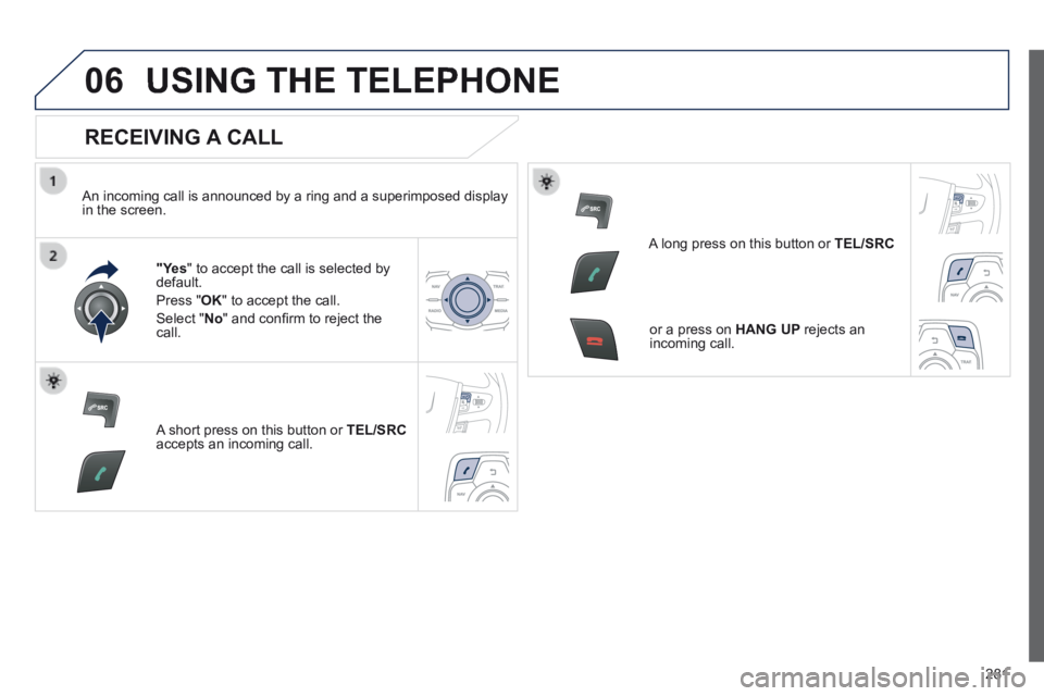 Peugeot 508 2014  Owners Manual - RHD (UK, Australia) 281
06 USING THE TELEPHONE 
  RECEIVING  A  CALL 
  An incoming call is announced by a ring and a superimposed display in the screen.  
"Yes " to accept the call is selected by default. 
 Press  " OK 