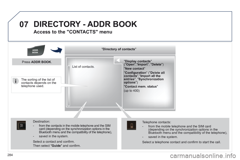 Peugeot 508 2014  Owners Manual - RHD (UK, Australia) 284
07 DIRECTORY - ADDR BOOK 
  Access to the "CONTACTS" menu 
  "   "   "   "   "   "   "   "   "   "   "   "   "   "   "   "   "   "   " Directory of contactsDirectory of contactsDirectory of contac