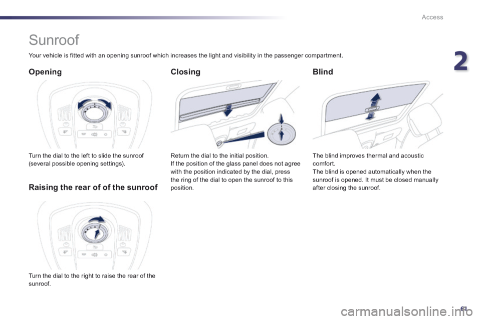 Peugeot 508 2014  Owners Manual - RHD (UK, Australia) 2
61
Access
         Sunroof 
  Opening 
 Turn the dial to the left to slide the sunroof (several possible opening settings).  
  Blind 
 The blind improves thermal and acoustic comfort.  The blind is