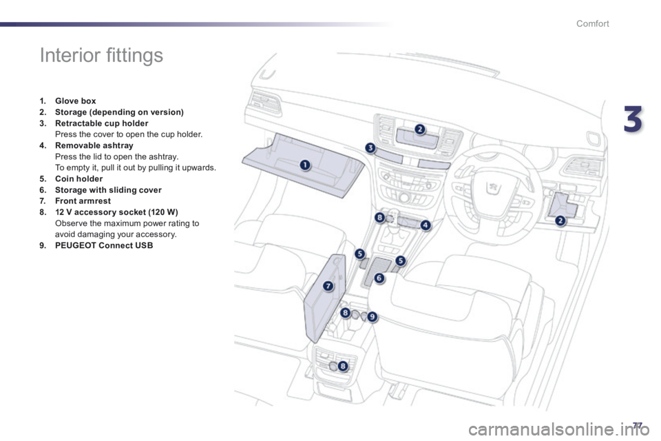 Peugeot 508 2014  Owners Manual - RHD (UK, Australia) 3
77
Comfort
                  Interior ﬁ ttings 
1.    Glove box2.    Storage    (depending on version)3.    Retractable cup holder     Retractable cup holder     Retractable cup holder  Press the 