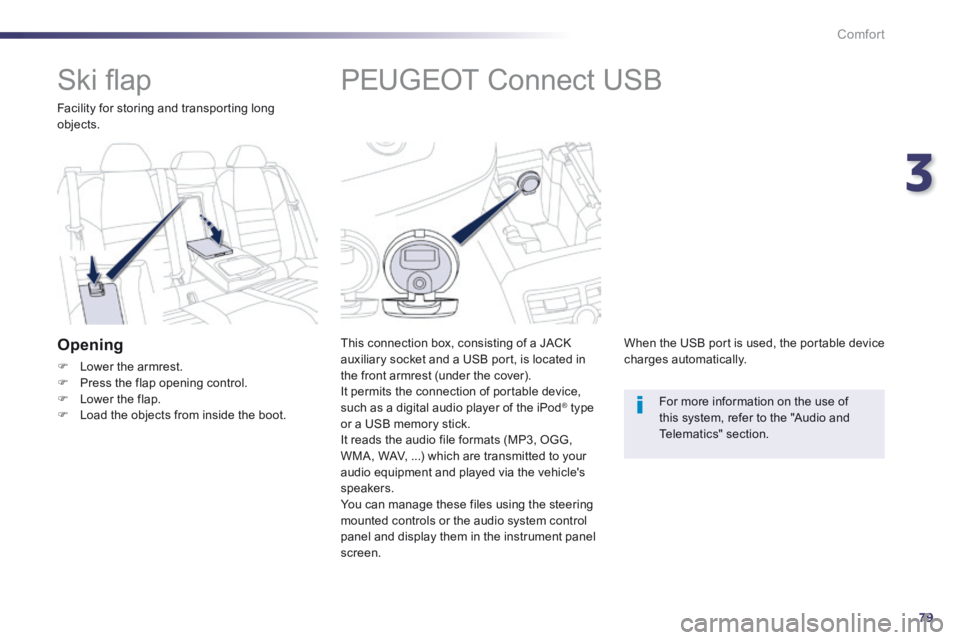 Peugeot 508 2014  Owners Manual - RHD (UK, Australia) 3
79
Comfort
            PEUGEOT Connect USB 
  This connection box, consisting of a JACK auxiliary socket and a USB port, is located in the front armrest (under the cover).  It permits the connection