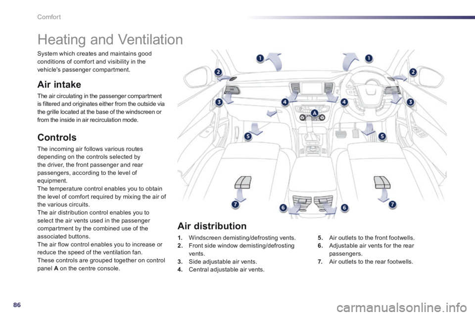 Peugeot 508 2014 Owners Manual - RHD (UK, Australia) 86
Comfort
Heating and Ventilation
Air intake
The air circulating in the passenger compartment is filtered and originates either from the outside via the grille located at the base of t Peugeot 508 2014 Owners Manual - RHD (UK, Australia) 86
Comfort
Heating and Ventilation
Air intake
The air circulating in the passenger compartment is filtered and originates either from the outside via the grille located at the base of t