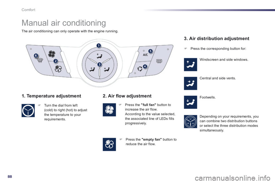 Peugeot 508 2014  Owners Manual - RHD (UK, Australia) 88
Comfort
 Manual air conditioning 
  The air conditioning can only operate with the engine running.  
1. Temperature adjustment 
   Turn the dial from left (cold) to right (hot) to adjust the tem