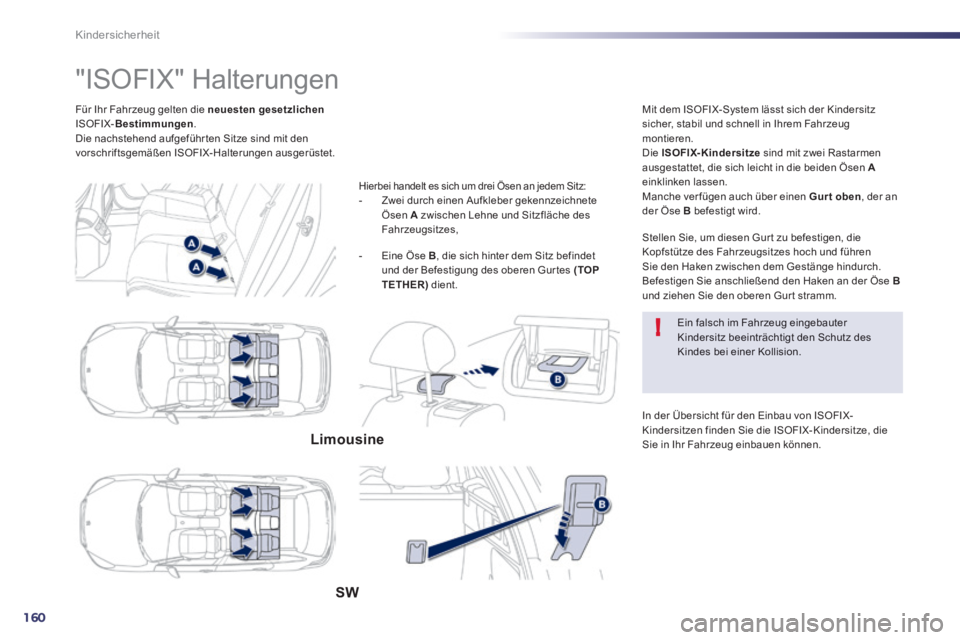 Peugeot 508 2014  Betriebsanleitung (in German) 160
!
Kindersicherheit
  Für Ihr Fahrzeug gelten die  neuesten gesetzlichenISOFIX- Bestimmungen .  Die nachstehend aufgeführ ten Sitze sind mit den vorschriftsgemäßen ISOFIX-Halterungen ausgerüst