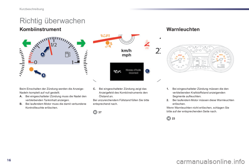 Peugeot 508 2014  Betriebsanleitung (in German) 16
Kurzbeschreibung
 Richtig  überwachen 
 Beim Einschalten der Zündung werden die Anzeige-Nadeln komplett auf null gestellt. A.   Bei eingeschalteter Zündung muss die Nadel den verbleibenden Tanki