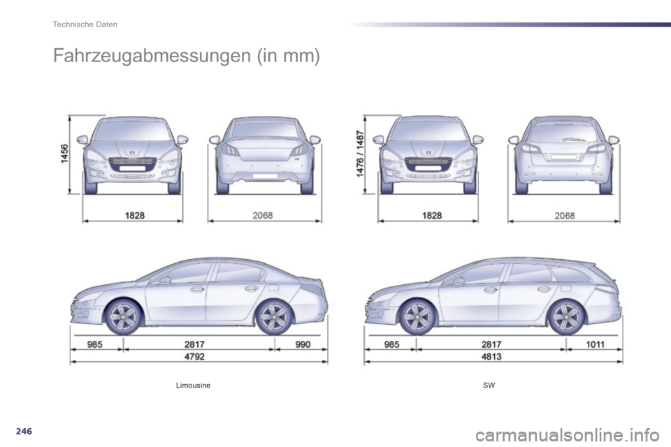 Peugeot 508 2014  Betriebsanleitung (in German) 246
Technische Daten
Limousine    SW   
     Fahrzeugabmessungen  (in  mm)  