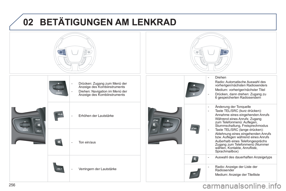 Peugeot 508 2014  Betriebsanleitung (in German) 256
02
508_de_Chap11c_RT6_ed01-2014_CA
 BETÄTIGUNGEN  AM  LENKRAD 
   -   Drücken:  Zugang  zum  Menü  der Anzeige des Kombiinstruments   -   Drehen: Navigation im Menü der Anzeige des Kombiinstru