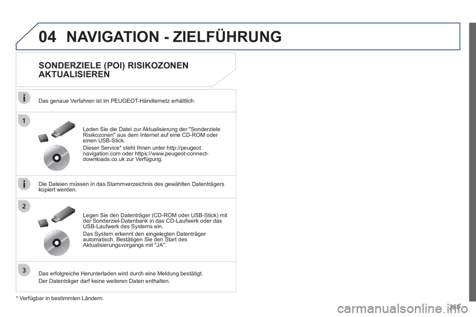 Peugeot 508 2014  Betriebsanleitung (in German) 265
04
508_de_Chap11c_RT6_ed01-2014_CA
 NAVIGATION - ZIELFÜHRUNG 
  SONDERZIELE  (POI)  RISIKOZONEN 
AKTUALISIEREN 
  Das genaue Verfahren ist im PEUGEOT-Händlernetz erhältlich.  
  Die Dateien mü