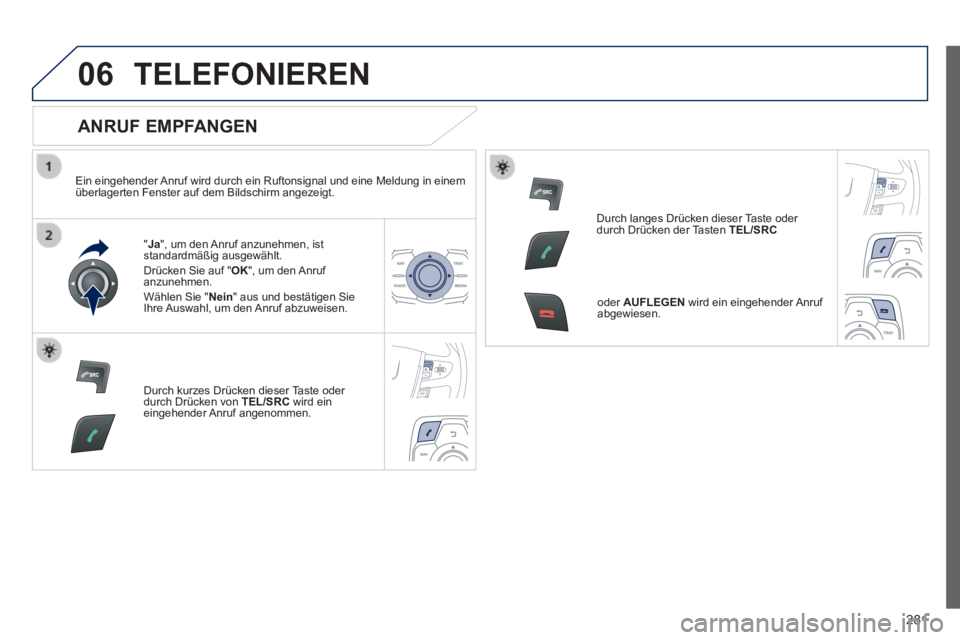 Peugeot 508 2014  Betriebsanleitung (in German) 281
06
508_de_Chap11c_RT6_ed01-2014_CA
 TELEFONIEREN 
  ANRUF  EMPFANGEN 
  Ein eingehender Anruf wird durch ein Ruftonsignal und eine Meldung in einem überlagerten Fenster auf dem Bildschirm angezei
