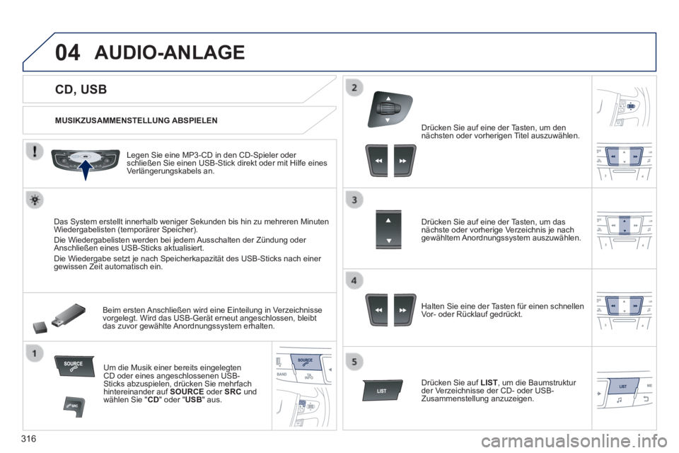 Peugeot 508 2014 Betriebsanleitung (in German) 316
04
508_de_Chap11d_RD5_ed01-2014_CA
CD, USB
AUDIO-ANLAGE
MUSIKZUSAMMENSTELLUNG ABSPIELEN
Legen Sie eine MP3-CD in den CD-Spieler oder schließen Sie einen USB-Stick direkt oder Peugeot 508 2014 Betriebsanleitung (in German) 316
04
508_de_Chap11d_RD5_ed01-2014_CA
CD, USB
AUDIO-ANLAGE
MUSIKZUSAMMENSTELLUNG ABSPIELEN
Legen Sie eine MP3-CD in den CD-Spieler oder schließen Sie einen USB-Stick direkt oder