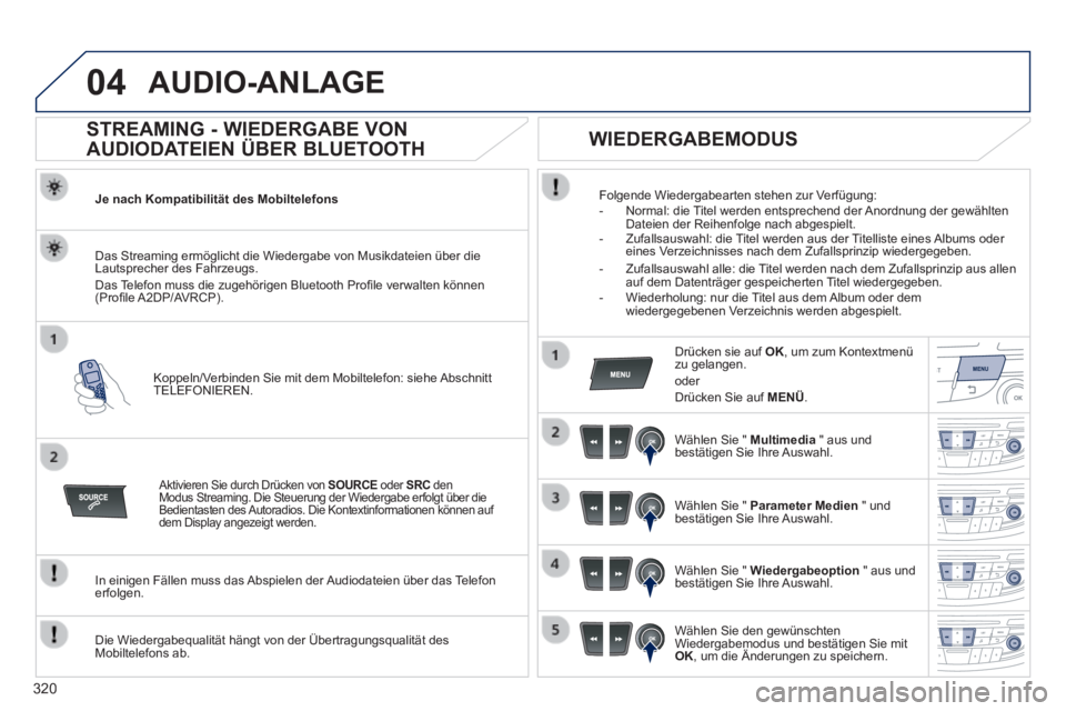 Peugeot 508 2014 Betriebsanleitung (in German) 320
04
508_de_Chap11d_RD5_ed01-2014_CA
AUDIO-ANLAGE
STREAMING - WIEDERGABE VON
AUDIODATEIEN ÜBER BLUETOOTH
Je nach Kompatibilität des Mobiltelefons
Koppeln/Verbinden Sie mit dem Mobi Peugeot 508 2014 Betriebsanleitung (in German) 320
04
508_de_Chap11d_RD5_ed01-2014_CA
AUDIO-ANLAGE
STREAMING - WIEDERGABE VON
AUDIODATEIEN ÜBER BLUETOOTH
Je nach Kompatibilität des Mobiltelefons
Koppeln/Verbinden Sie mit dem Mobi