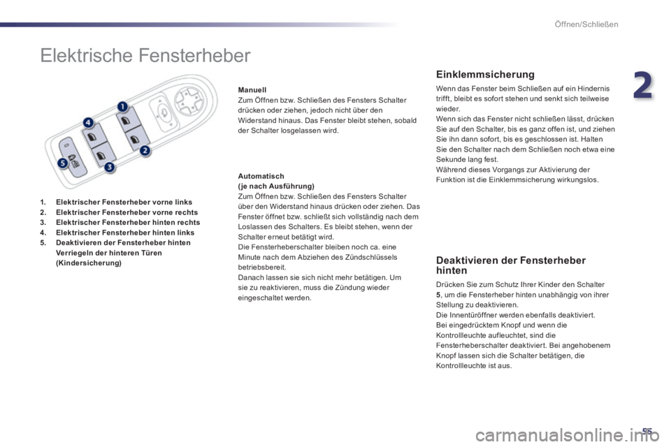 Peugeot 508 2014 Betriebsanleitung (in German) 2
55
Öffnen/Schließen
508_de_Chap02_ouvertures_ed01-2014_CA
Elektrische Fensterheber
1. Elektrischer Fensterheber Elektrischer Fensterheber Elektrischer Fensterhebervorne links2. E Peugeot 508 2014 Betriebsanleitung (in German) 2
55
Öffnen/Schließen
508_de_Chap02_ouvertures_ed01-2014_CA
Elektrische Fensterheber
1. Elektrischer Fensterheber Elektrischer Fensterheber Elektrischer Fensterhebervorne links2. E